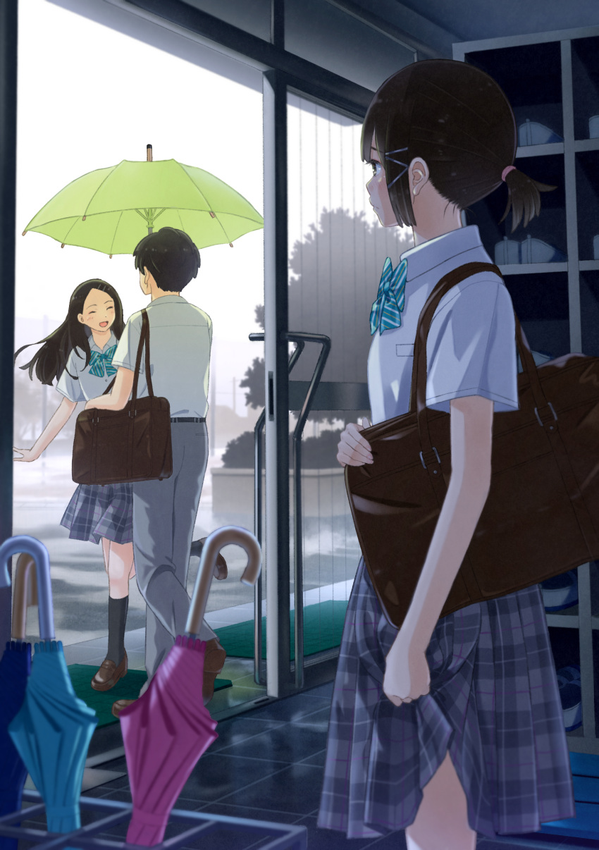 1boy 2girls bag bangs black_hair blurry_foreground bow brown_hair closed_eyes highres long_hair looking_at_another multiple_girls open_door open_mouth original profile rain school_uniform shirt short_hair silhouette taka_(tsmix) tree umbrella white_shirt