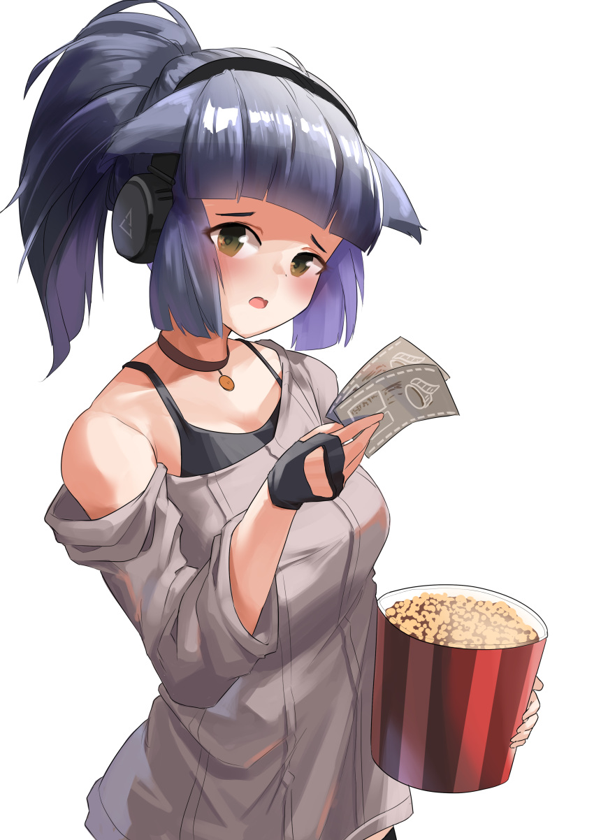 1girl absurdres animal_ears arknights bare_shoulders blue_hair blush breasts bucket camisole cat_ears cat_girl collar fingerless_gloves food gloves green_eyes headphones highres holding jessica_(arknights) medium_breasts messy_hair off-shoulder_sweater off_shoulder pompmaker1 ponytail popcorn short_hair simple_background solo sweater ticket upper_body