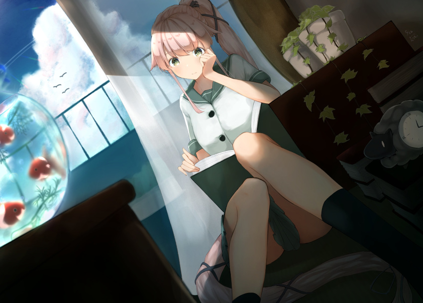1girl absurdres blue_sky book brown_eyes clock clouds commentary_request curtains day dutch_angle fish fishbowl goldfish grey_sailor_collar grey_skirt hair_flaps highres indoors kantai_collection long_hair pink_hair plant pleated_skirt ponytail reading sailor_collar school_uniform serafuku shanghmely sheep shirt short_sleeves sitting skirt sky solo very_long_hair white_shirt yura_(kantai_collection)