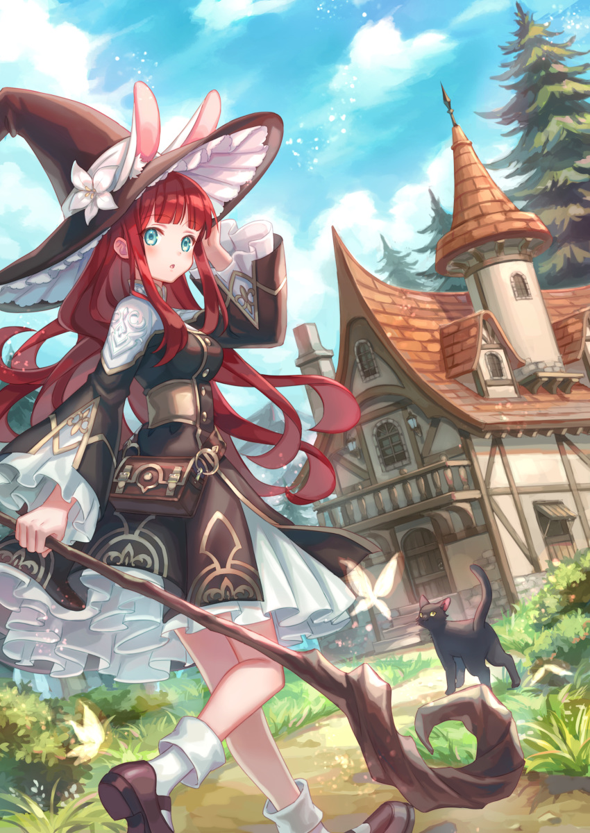 1girl absurdres animal_ears aqua_eyes bag bangs blush breasts bug butterfly cat dress flower hat hat_flower highres house insect large_breasts long_hair long_sleeves original rabbit_ears redhead scenery staff wide_sleeves witch witch_hat zoff_(daria)