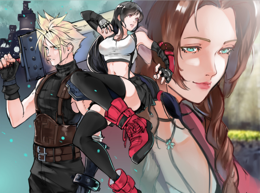 1boy 2girls aerith_gainsborough black_hair blonde_hair boots braid breasts brown_eyes brown_hair buster_sword cloud_strife final_fantasy final_fantasy_vii final_fantasy_vii_remake green_eyes kyuuakaku long_hair low-tied_long_hair medium_breasts multiple_girls pink_lips red_footwear sleeveless smile sword tank_top thigh-highs tifa_lockhart turtleneck twin_braids very_long_hair weapon