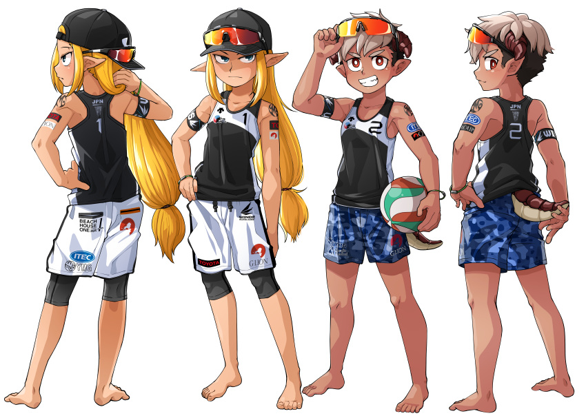 2boys backwards_hat bangs barefoot baseball_cap black_hair blonde_hair blue_eyes demon_boy elf eyewear_on_headwear from_behind grin hat highres kaminosaki1 light_brown_hair long_hair low-tied_long_hair male_focus monster_boy multicolored_hair multiple_boys original pointy_ears shorts sidelocks smile sportswear tachi-e tail two-tone_hair volleyball volleyball_uniform