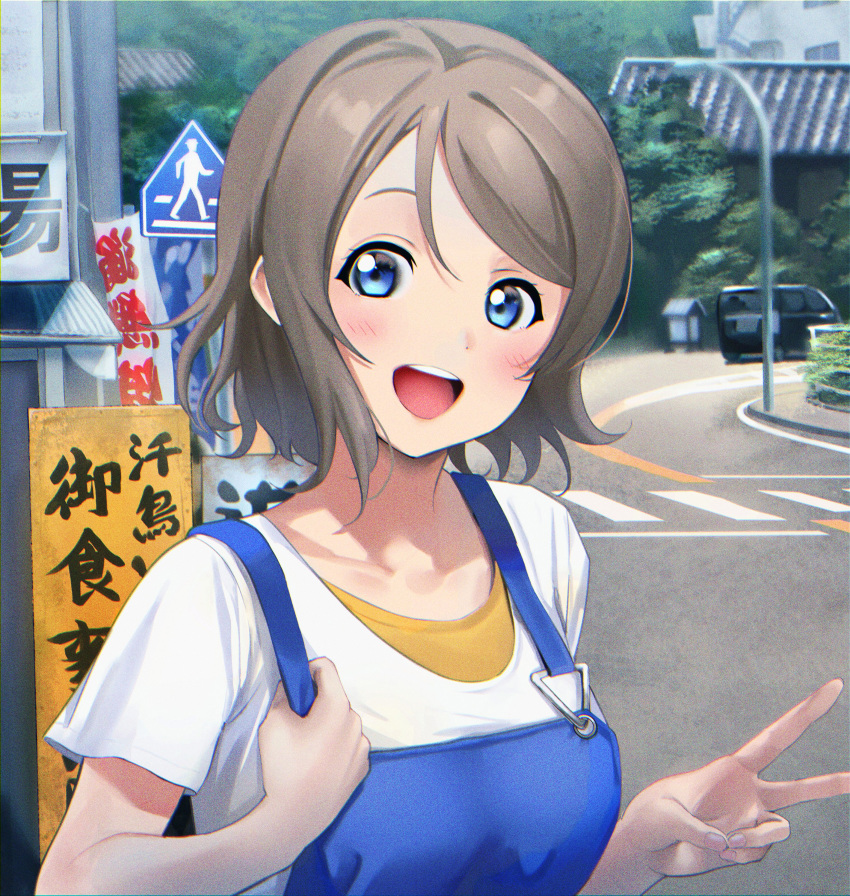 1girl absurdres bangs blue_eyes blush breasts brown_hair car crosswalk day ground_vehicle highres holding holding_clothes looking_at_viewer love_live! love_live!_sunshine!! moshi_0208 motor_vehicle open_mouth shirt short_hair smile solo suspenders translation_request upper_body v watanabe_you white_shirt