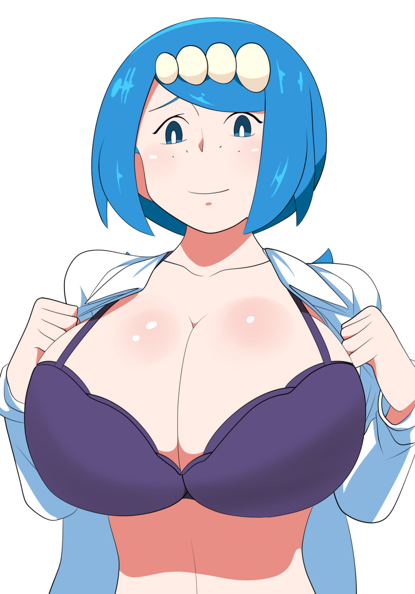 blue_eyes blue_hair bra breasts chelsea_cola_v hair_ornament highres huge_breasts korean_commentary looking_at_viewer mature open_clothes open_shirt pokemon purple_bra short_hair simple_background smile suiren's_mother_(pokemon) underwear