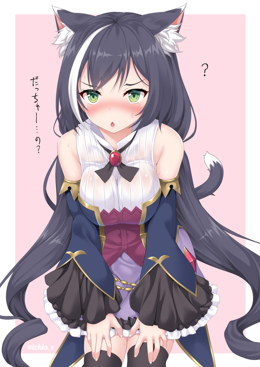 1girl animal_ear_fluff animal_ears bangs bare_shoulders black_hair blush breasts brooch cat_ears cat_girl cat_tail detached_sleeves dress green_eyes highres ichio jewelry karyl_(princess_connect!) leaning_forward long_hair looking_at_viewer low_twintails medium_breasts multicolored_hair open_mouth pink_background princess_connect! princess_connect!_re:dive sleeveless sleeveless_dress streaked_hair tail thigh-highs thighs translation_request twintails white_hair