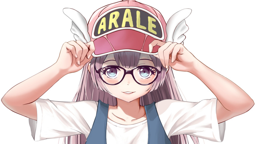 1girl backlighting baseball_cap black-framed_eyewear blue_eyes blush character_name child close-up clothes_writing collarbone dr._slump eyelashes face fingernails gibun_(sozoshu) glasses hair_between_eyes hand_on_headwear hands_up hat highres light_smile lips long_hair looking_at_viewer norimaki_arale parted_lips pink_headwear purple_hair shadow shirt short_sleeves sidelocks simple_background solo straight_hair upper_body waistcoat white_background white_shirt winged_hat