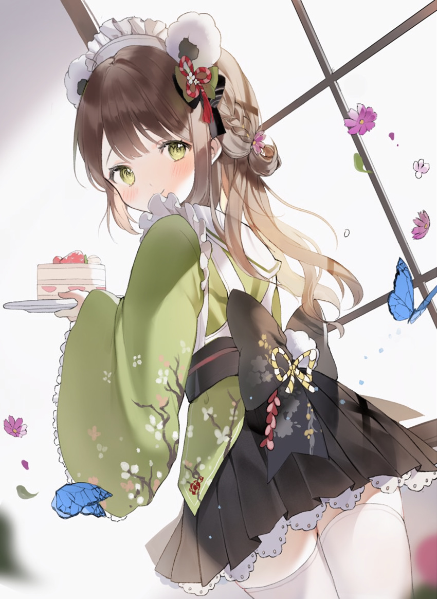 1girl 2sham animal animal_ears apron back_bow bangs bear_ears black_bow black_skirt blurry blurry_foreground blush bow brown_hair bug butterfly cake closed_mouth depth_of_field eyebrows_behind_hair fake_animal_ears flower food frilled_apron frills fruit green_eyes green_kimono highres holding holding_plate indoors insect japanese_clothes kimono long_hair long_sleeves looking_at_viewer looking_back maid_headdress obi original pink_flower plate pleated_skirt purple_flower sash skirt sleeves_past_wrists slice_of_cake smile solo standing strawberry thigh-highs very_long_hair wa_maid white_apron white_legwear wide_sleeves window