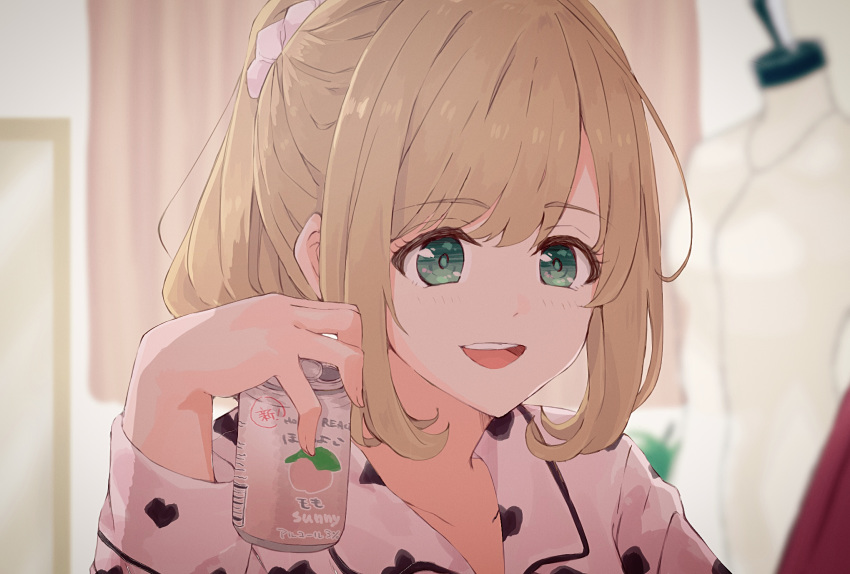 1girl ahoge bangs blurry blurry_background blush can collarbone commentary_request duffy eyebrows_visible_through_hair face green_eyes highres holding holding_can idolmaster idolmaster_cinderella_girls idolmaster_cinderella_girls_starlight_stage long_hair long_sleeves satou_shin smile solo upper_teeth