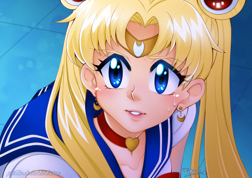 bangs bishoujo_senshi_sailor_moon blue_sailor_collar choker circlet cosplay crescent crescent_earrings derivative_work diadem earrings hair_over_shoulder heart heart_choker jewelry maria_carmen_galan meme parted_bangs red_choker sailor_collar sailor_moon sailor_moon_(cosplay) sailor_moon_redraw_challenge sailor_senshi_uniform screencap_redraw tsukino_usagi upper_body