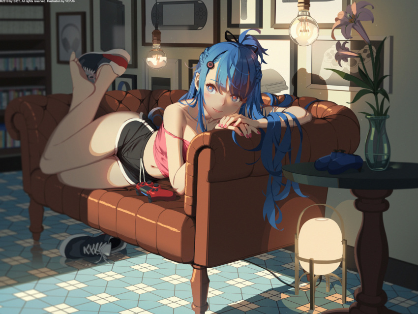 1girl 2019 ai-chan_(playstation) bangs bare_legs barefoot black_shorts blue_eyes blue_hair blurry blurry_background blush bookshelf chinese_commentary collarbone commentary controller copyright couch dualshock eyelashes flower full_body game_console game_controller gamepad hair_ornament handheld_game_console highres indoors lamp legs light_bulb long_hair looking_at_viewer lying midriff nail_polish navel on_couch on_side picture_frame pink_flower pink_nails pink_shirt playstation playstation_3 playstation_controller playstation_portable shadow shirt shoe_removed shoes short_shorts shorts single_shoe smile sneakers soles solo sony strap_slip tank_top tile_floor tiles vase vofan