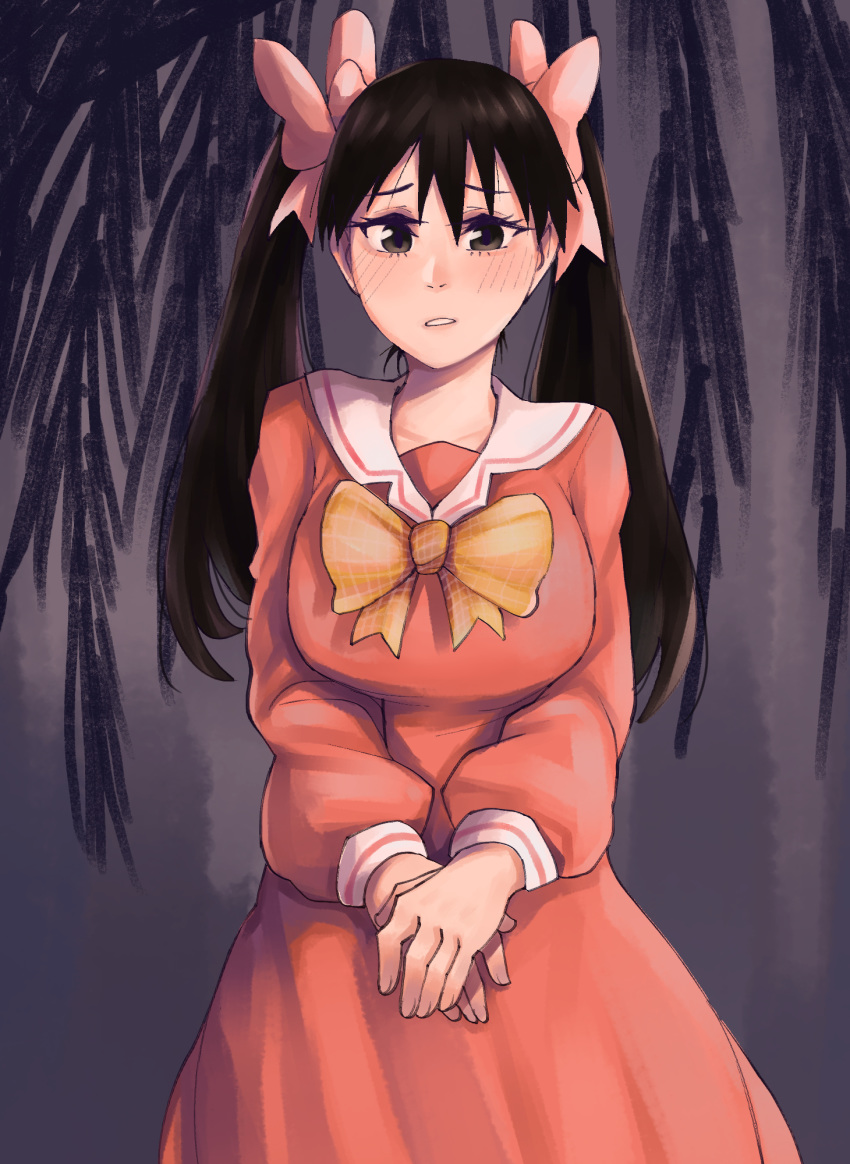 1girl alternate_costume alternate_hairstyle azumanga_daioh black_eyes black_hair blush bow bowtie collared_dress cowboy_shot dress furrowed_eyebrows hair_bow highres long_hair long_sleeves looking_at_viewer magenta own_hands_together parted_lips pink_bow red_dress sailor_collar sakaki solo twintails yellow_bow