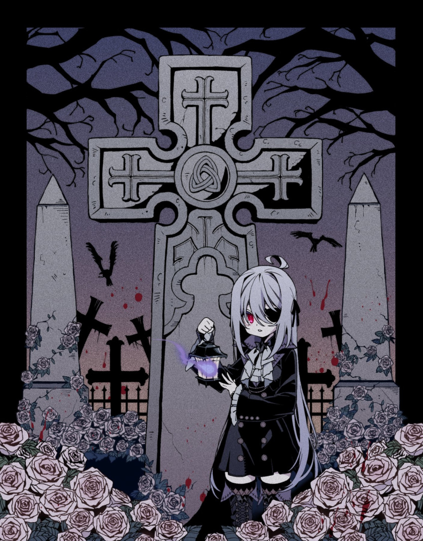 1girl bird black_eyepatch black_legwear blood boots crack cross eyepatch fire flower flying frills graveyard grey_hair hair_between_eyes highres holding holding_lantern lantern long_hair long_sleeves original outdoors parted_lips plant purple_fire red_eyes rose thigh-highs thigh_boots tombstone tree vines white_flower white_rose yamanasi_mikage