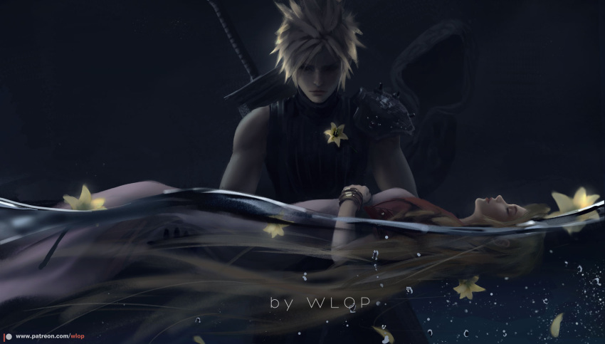 1boy 1girl aerith_gainsborough blonde_hair bubble closed_eyes closed_mouth cloud_strife dark_background death dress final_fantasy final_fantasy_vii floating flower highres hood jewelry simple_background spoilers sword water weapon wlop