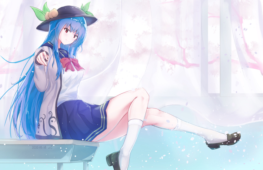 1girl alternate_costume bangs blue_hair blue_sailor_collar blue_skirt bow bowtie breasts cherry_blossoms contemporary curtains dated desk eyebrows_visible_through_hair food fruit grey_jacket hat hat_ornament high_heels highres hinanawi_tenshi jacket leaf legs light_blush loafers long_hair looking_at_viewer on_desk peach petals pleated_skirt red_eyes red_neckwear s.claw sailor_collar school_desk school_uniform serafuku shoes sitting sitting_on_desk skirt smile socks solo touhou white_legwear window