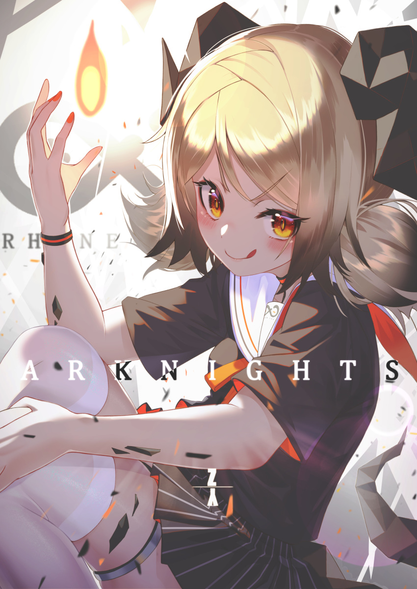 1girl absurdres alternate_costume arknights black_skirt fire highres horns looking_at_viewer nonaginta_novem orange_eyes platinum_blonde_hair school_uniform skirt slit_pupils solo tail tongue tongue_out