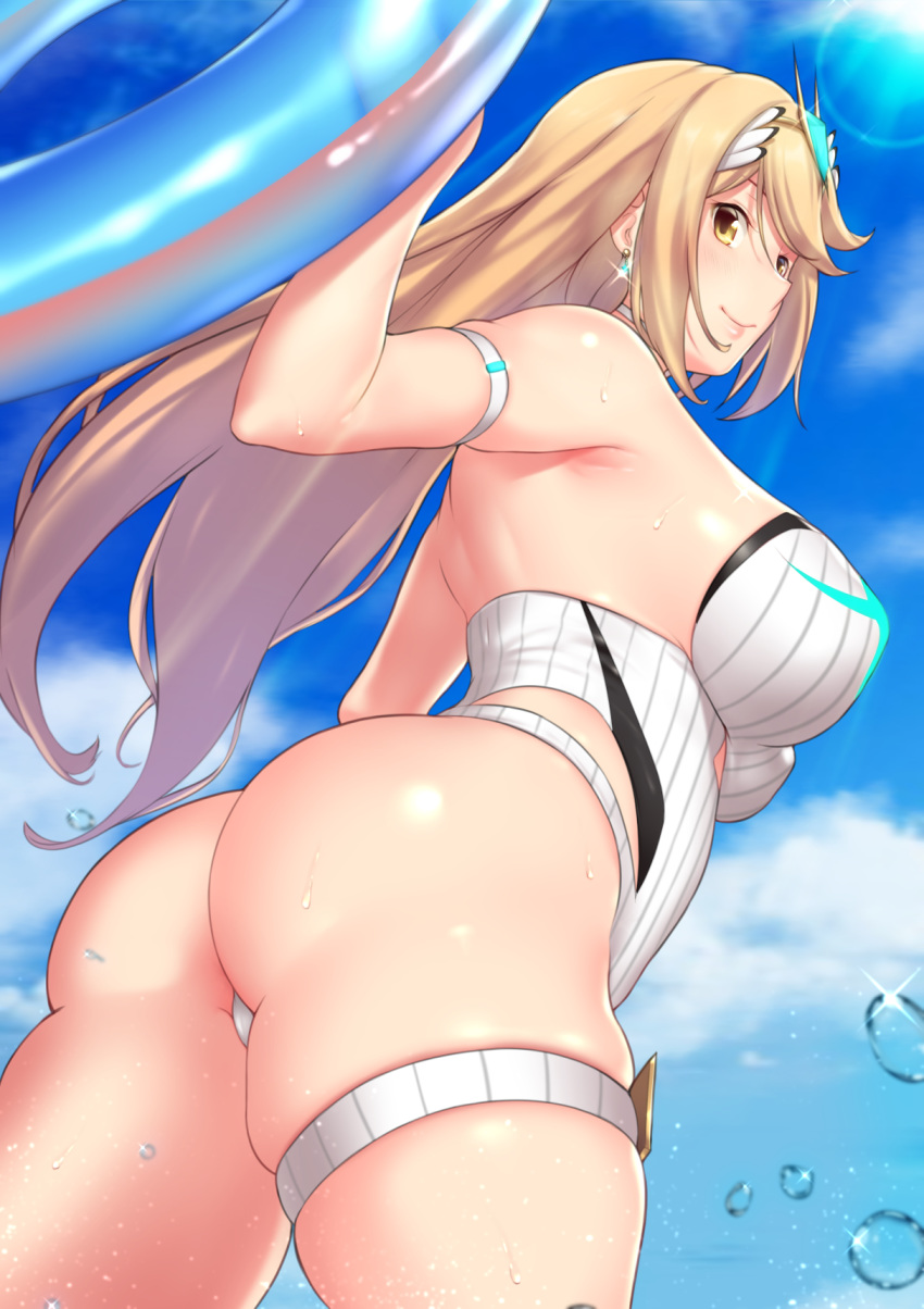 1girl arm_strap ass aster_crowley back bangs bare_shoulders blonde_hair blue_sky blush breasts closed_mouth earrings highleg highleg_swimsuit highres mythra_(xenoblade) innertube jewelry large_breasts long_hair looking_at_viewer one-piece_swimsuit sky smile swept_bangs swimsuit thigh_strap thighs tiara white_swimsuit xenoblade_(series) xenoblade_2 yellow_eyes