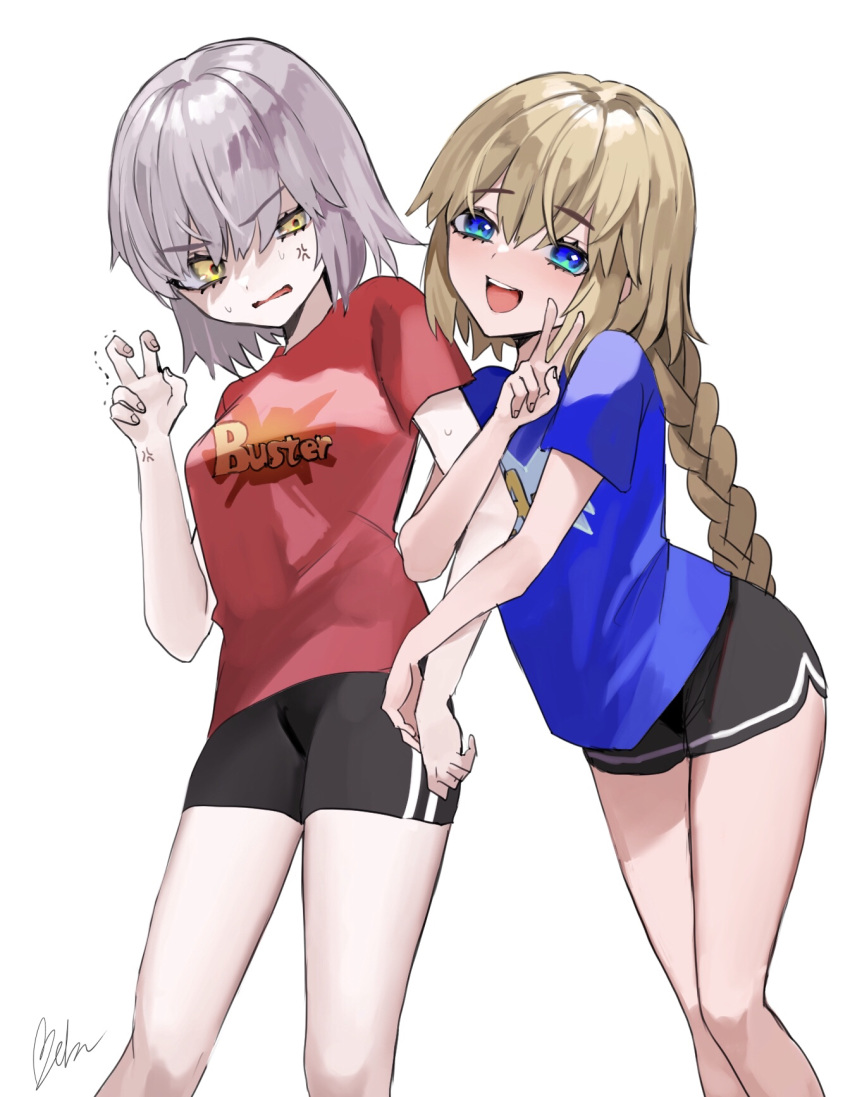 2girls alternate_costume anger_vein arts_shirt bangs bebe_pp black_shorts blonde_hair blue_shirt blush braid breasts buster_shirt commentary_request eyebrows_visible_through_hair fate/grand_order fate_(series) highres jeanne_d'arc_(alter)_(fate) jeanne_d'arc_(fate) jeanne_d'arc_(fate)_(all) large_breasts long_hair looking_at_viewer medium_breasts multiple_girls open_mouth red_shirt shirt short_hair short_sleeves shorts silver_hair simple_background smile solo white_background yellow_eyes