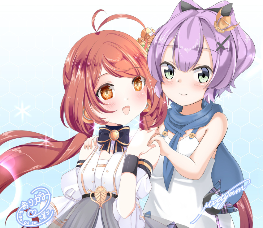 2girls :d antenna_hair azur_lane bangs bare_shoulders bear_hood black_bow black_ribbon blue_background blush bow bowtie breasts camisole collaboration commentary_request cross_hair_ornament crown detached_hood detached_sleeves dress eyebrows_visible_through_hair green_eyes hair_between_eyes hair_ornament hair_ribbon hands_on_another's_shoulders hexagon high_ponytail highres javelin_(azur_lane) jersey_(azur_lane) long_hair looking_at_another looking_at_viewer low_twintails medium_breasts mini_crown multiple_girls open_mouth origami_aya pankiji ponytail puffy_detached_sleeves puffy_sleeves purple_hair redhead ribbon sidelocks signature sleeveless sleeveless_dress small_breasts smile sparkle standing swept_bangs tilted_headwear twintails upper_body white_camisole white_dress white_sleeves wristband yellow_eyes