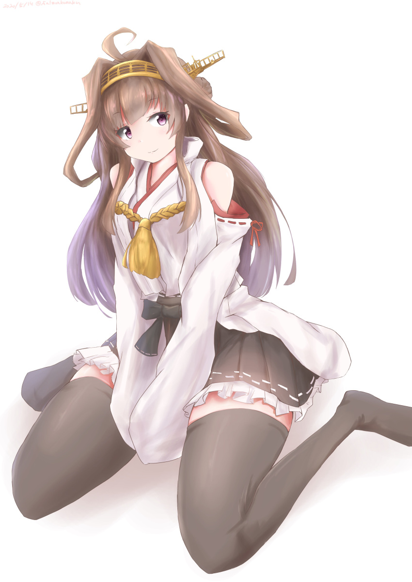 1girl absurdres ahoge bare_shoulders black_legwear black_skirt brown_hair detached_sleeves double_bun eyebrows_visible_through_hair headgear highres kantai_collection kongou_(kantai_collection) long_hair looking_to_the_side nontraditional_miko pleated_skirt remodel_(kantai_collection) saamon_(salmonkomaku) sitting skirt smile solo thigh-highs violet_eyes wariza