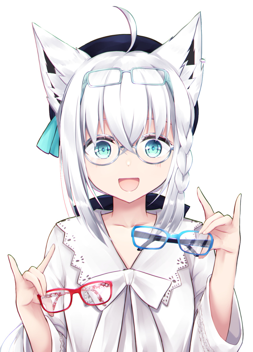 1girl :d ahoge animal_ear_fluff animal_ears bespectacled blue-framed_eyewear blue_eyes braid chiutake_mina collarbone commentary_request eyewear_on_head fox_ears glasses highres holding holding_eyewear hololive looking_at_viewer open_mouth red-framed_eyewear round_eyewear shirakami_fubuki smile solo transparent_background upper_body virtual_youtuber white_hair