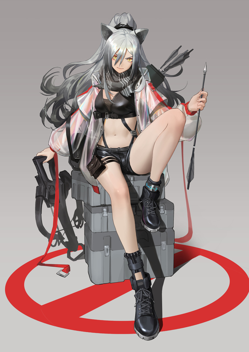 &gt;:) 1girl animal_ears ankle_boots arknights arrow_(projectile) bangs bare_legs black_footwear black_scarf black_shorts boots bow_(weapon) box breasts cat_ears chinese_commentary commentary_request crop_top crossbow grey_background hair_between_eyes highres holding holding_arrow holding_bow_(weapon) holding_weapon jacket kirino_ttk knee_up long_hair long_sleeves looking_at_viewer medium_breasts midriff navel no_symbol open_clothes open_jacket pouch quiver scarf schwarz_(arknights) see-through short_shorts shorts silver_hair simple_background sitting smile solo stomach thigh_strap thighs v-shaped_eyebrows weapon yellow_eyes