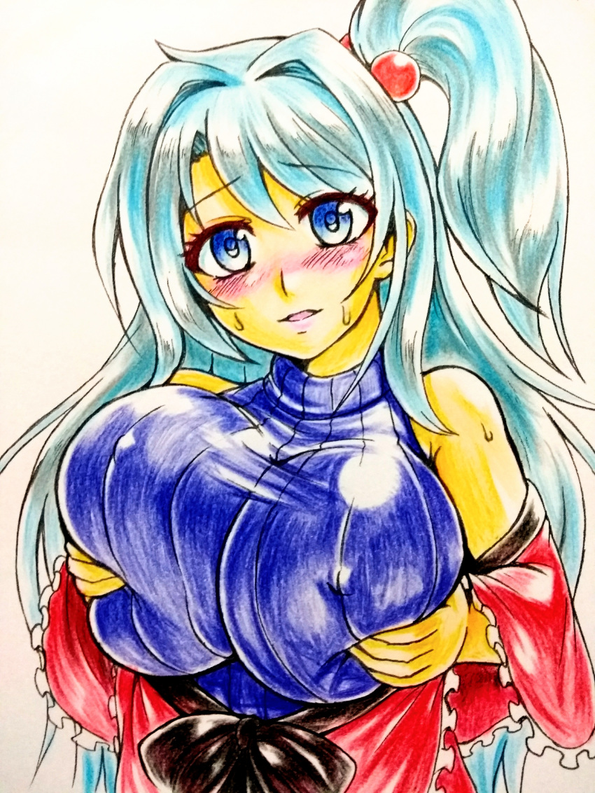 1girl absurdres ballpoint_pen_(medium) bare_shoulders blue_eyes blush breast_hold breasts colored_pencil_(medium) covered_nipples grabbing grabbing_own_breast hair_bobbles hair_ornament highres large_breasts long_hair looking_at_viewer ribbed_sweater self_fondle shinki side_ponytail sweater touhou touhou_(pc-98) traditional_media yazuki_gennojou