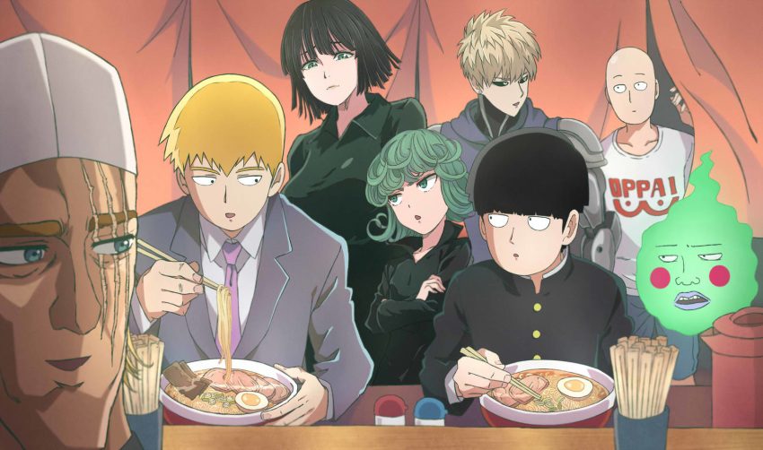 2girls 6+boys bald black_dress black_eyes black_hair black_sclera blonde_hair breasts chopsticks clothes_writing creator_connection crossed_arms curly_hair cyborg dress eating ekubo_(mob_psycho_100) english_commentary flat_chest food formal fubuki_(one-punch_man) genos green_eyes green_hair highres holding holding_chopsticks hood hooded_jacket jacket kageyama_shigeo king_(one-punch_man) kukie-nyan large_breasts looking_at_another looking_to_the_side mechanical_arm mob_psycho_100 multiple_boys multiple_girls necktie noodles one-punch_man open_mouth ramen reigen_arataka saitama_(one-punch_man) scar scar_across_eye school_uniform shirt short_hair sitting smile suit tatsumaki white_shirt wing_collar yellow_eyes