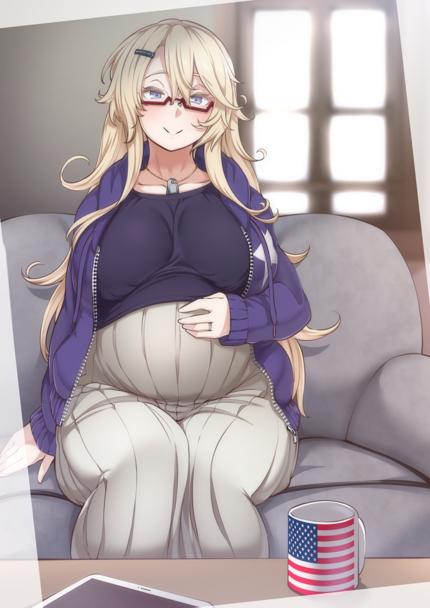 1girl american_flag american_flag_print blonde_hair blush coffee_mug collarbone couch cup dog_tags dress flag_print highres iowa_(kantai_collection) jewelry kantai_collection long_hair maternity_dress mug pregnant red-framed_eyewear ring ryuun_(stiil) sitting smile solo sweater tablet_pc window