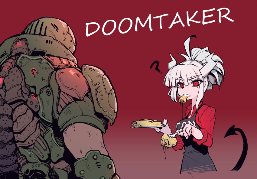 1boy 1girl ? apron black_apron crepe demon_girl demon_horns demon_tail doom_(2016) doom_(game) doom_eternal doomguy eating food fork formal from_behind gauntlets hair_up heart helltaker helmet highres horns karasu_raven long_sleeves lucifer_(helltaker) manly muscle plate power_armor praetor_suit red_background red_eyes red_shirt shirt silver_hair simple_background sleeves_rolled_up space_marine suit tail undershirt upper_body veins