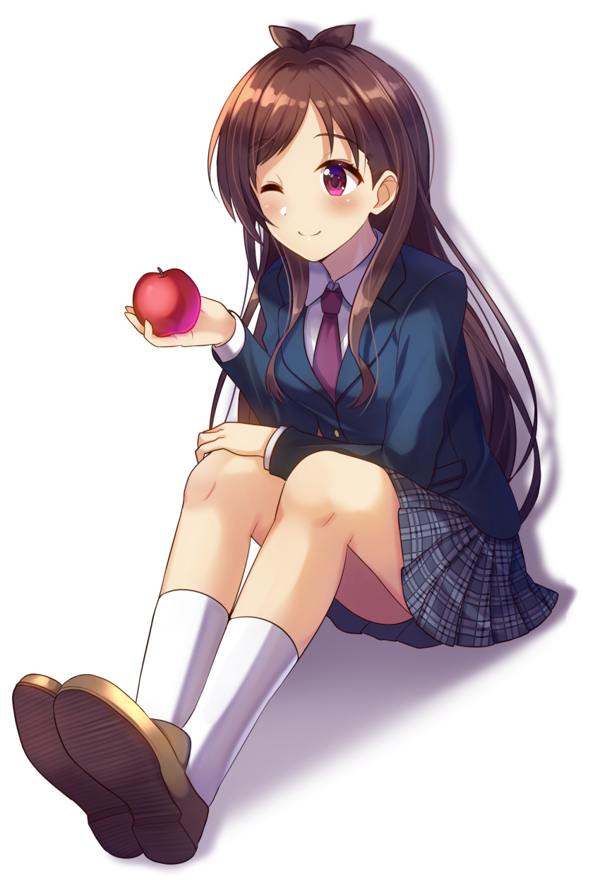 apple black_skirt blue_jacket blush brown_footwear brown_hair commentary_request food fruit highres holding holding_food holding_fruit idolmaster idolmaster_cinderella_girls jacket long_hair necktie one_eye_closed pink_eyes pleated_skirt purple_neckwear shirt shoes simple_background sitting skirt socks solo tsujino_akari white_background white_legwear white_shirt z.nov