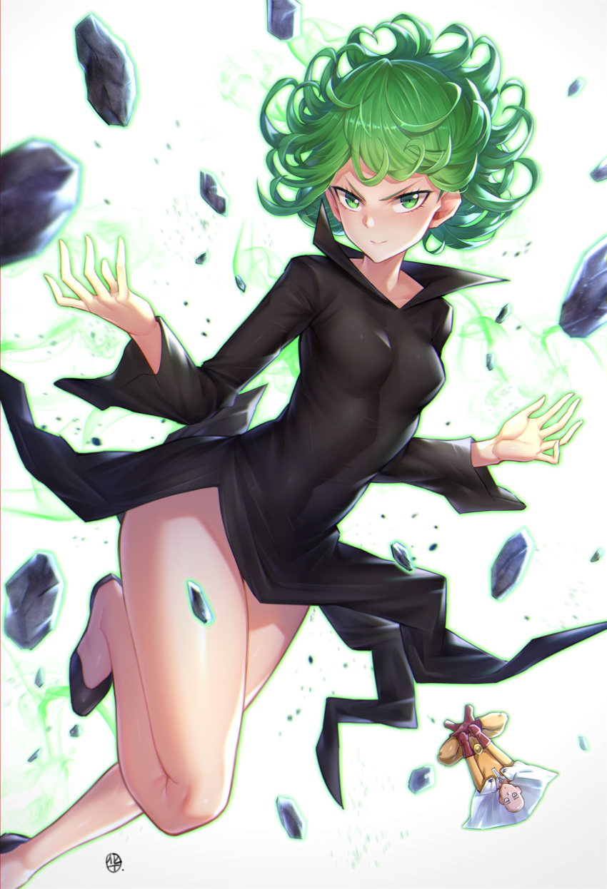 1boy 1girl angry bald black_dress blush breasts cape choukoukou_no_diaosi collarbone commentary_request curly_hair dress gloves green_eyes green_hair highres legs long_sleeves looking_at_viewer one-punch_man red_gloves saitama_(one-punch_man) short_hair simple_background small_breasts solo_focus stone tatsumaki white_background