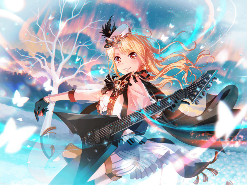 bang_dream! blonde_hair blush dress guitar kirigaya_touko long_hair red_eyes smile