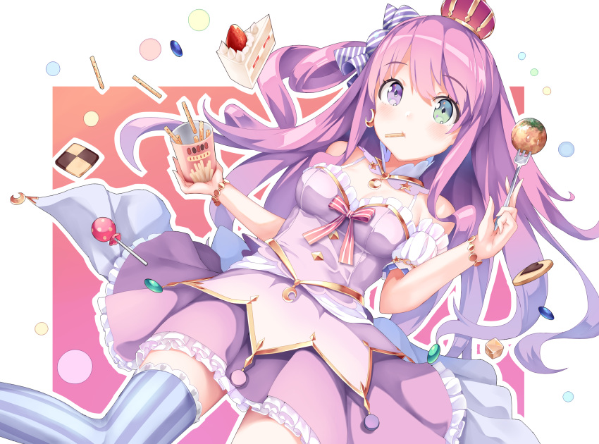 1girl breasts cake candy candy_hair_ornament commentary_request dress food food_themed_hair_ornament fork hair_between_eyes hair_ornament hair_rings heterochromia highres himemori_luna hololive long_hair looking_at_viewer mogmog pink_hair simple_background solo virtual_youtuber