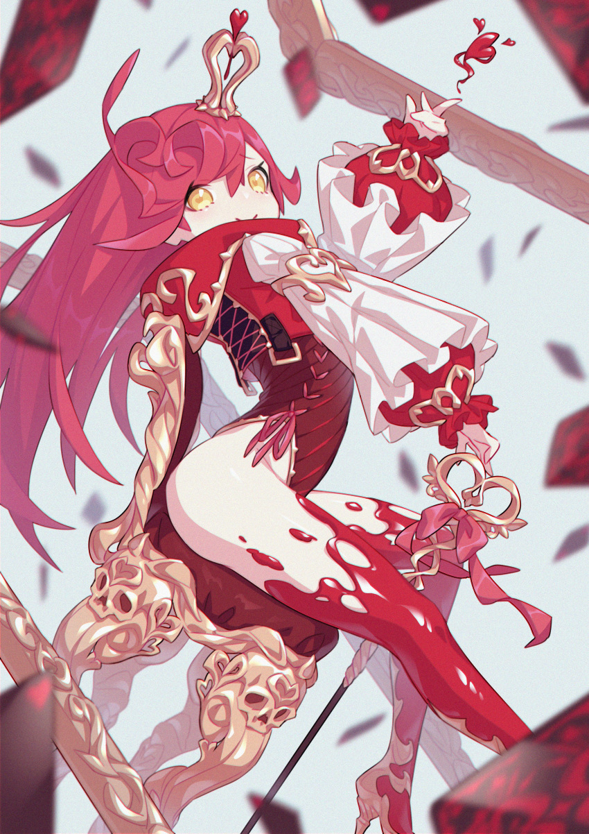 1girl absurdres armlet blood blurry blurry_background bow card chair closed_mouth crown frills heart high_heels highres holding holding_wand long_hair original picture_frame pink_bow puffy_sleeves redhead sitting smile solo tewo_(tewowet) wand yellow_eyes