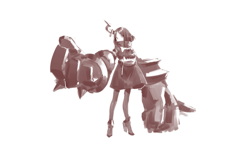 1girl clenched_hand dress fangs gauntlets high_heels highres horn huge_weapon medium_hair monochrome original sharp_teeth shisantian simple_background solo standing teeth weapon white_background