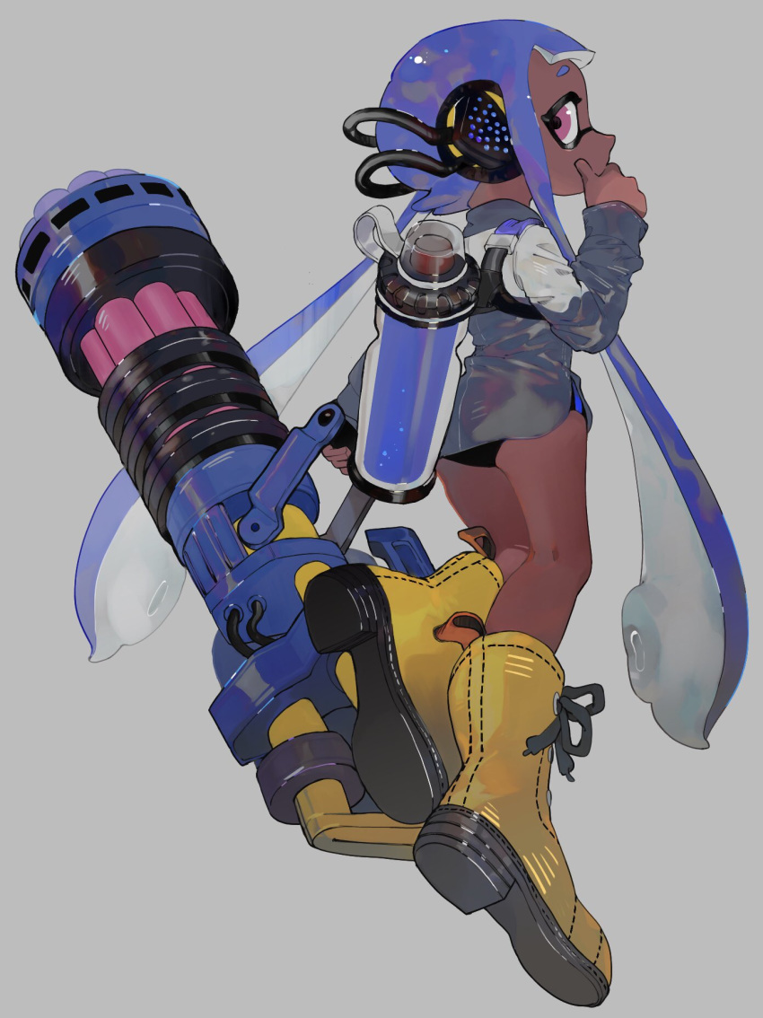 1girl blue_hair boots dark_skin domino_mask full_body grey_background hand_up heavy_splatling_(splatoon) highres holding ink_tank_(splatoon) inkling long_hair long_sleeves mask pink_eyes solo splatoon_(series) splatoon_2 suction_cups tentacle_hair urutora very_long_hair yellow_footwear