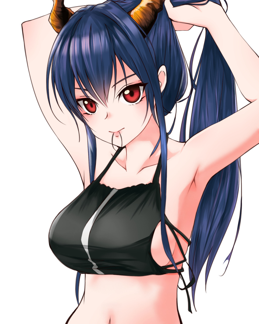 1girl arknights armpits arms_up bangs bare_arms bare_shoulders bikini black_bikini blue_hair breasts ch'en_(arknights) chain's collarbone commentary dragon_horns hair_between_eyes hair_tie_in_mouth highres horns large_breasts long_hair looking_at_viewer mouth_hold navel ponytail red_eyes simple_background smile solo stomach swimsuit tying_hair upper_body white_background