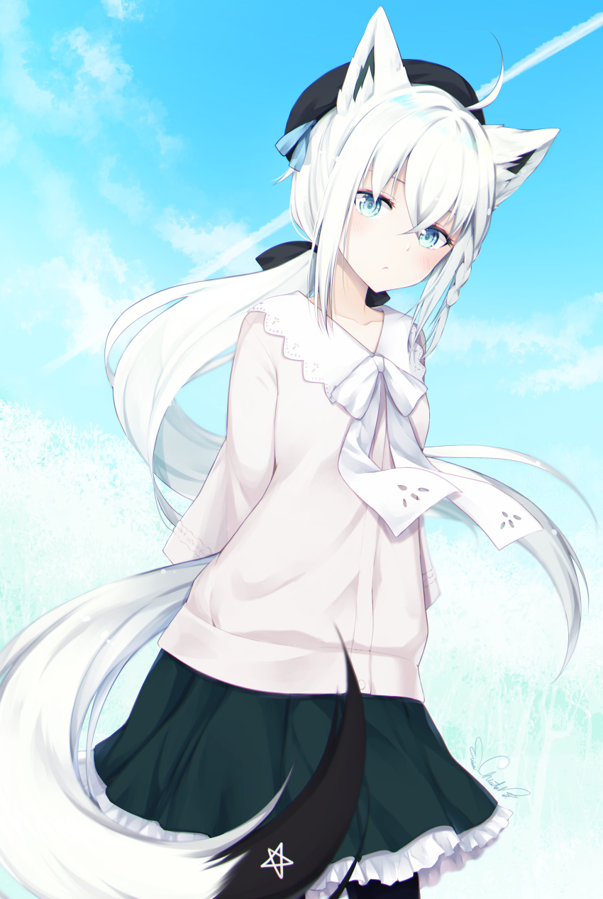 1girl :/ absurdres ahoge animal_ears beret black_headwear black_skirt blue_eyes blush braid chiutake_mina closed_mouth clouds collarbone commentary_request condensation_trail fox_ears fox_tail hair_between_eyes hat highres hololive long_hair long_sleeves looking_at_viewer low_ponytail shirakami_fubuki shirt signature skirt sky solo standing star tail very_long_hair virtual_youtuber white_hair white_shirt