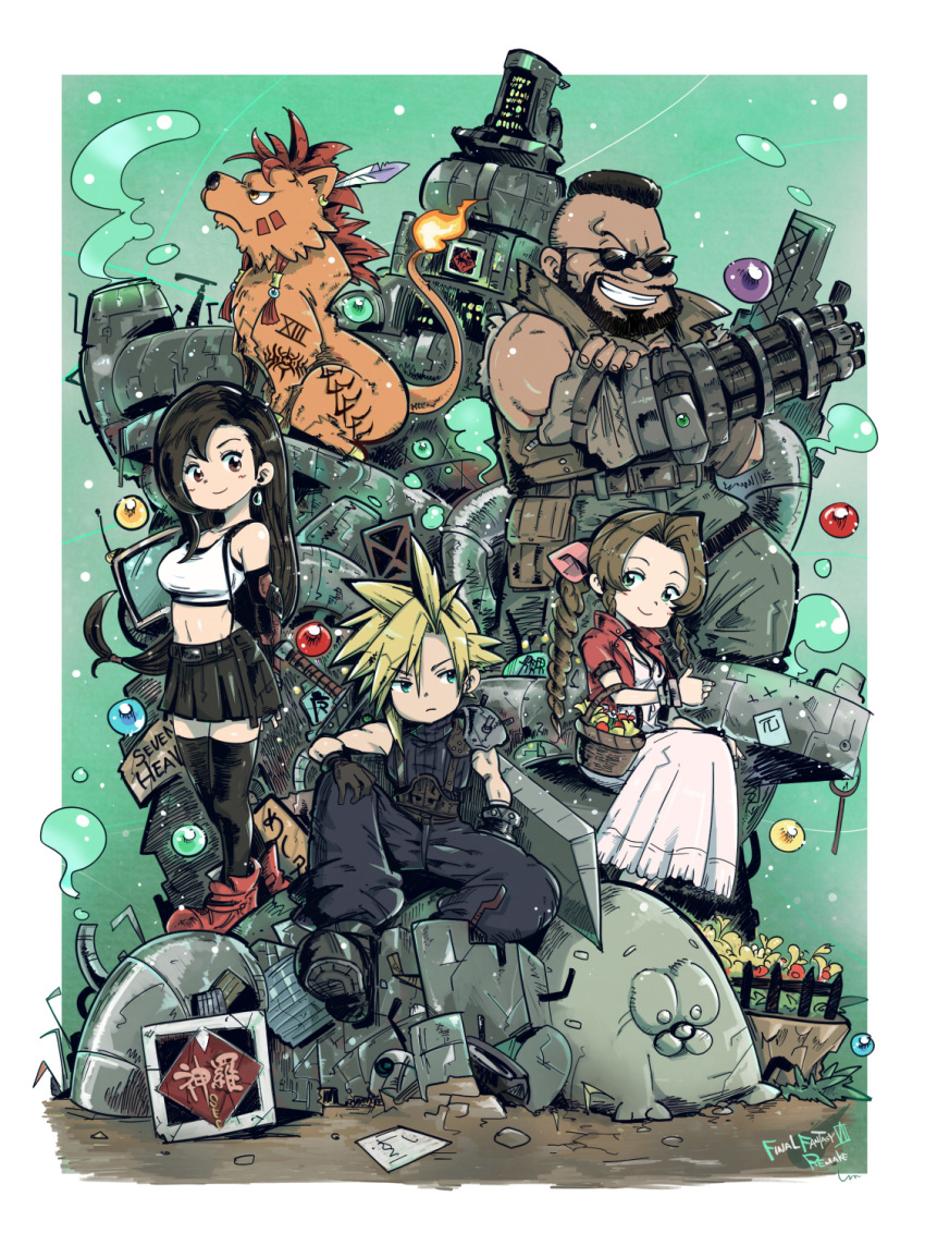 2girls 3boys aerith_gainsborough arm_cannon barret_wallace black_hair black_legwear black_skirt blonde_hair bow braid brown_hair buster_sword cloud_strife crop_top dark_skin dark_skinned_male dress elbow_gloves final_fantasy final_fantasy_vii final_fantasy_vii_remake flower flower_basket gatling_gun gloves hair_bow highres jacket looking_at_viewer materia multiple_boys multiple_girls pink_dress red_jacket red_xiii redhead shoutank14 sitting skirt smile spiky_hair sunglasses suspenders sword tank_top tattoo thigh-highs tifa_lockhart tower weapon weapon_on_back