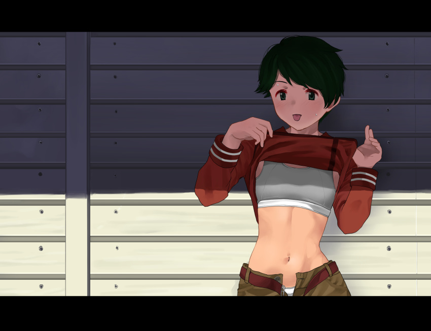 1girl bangs belt blush breasts commentary_request flashing green_eyes green_hair highres kantai_collection letterboxed midriff mogami_(kantai_collection) navel open_fly panties shade shirt_lift short_hair small_breasts solo sports_bra standing sunlight sweat swept_bangs tongue tongue_out tooku_nomura_(artist) underwear white_panties