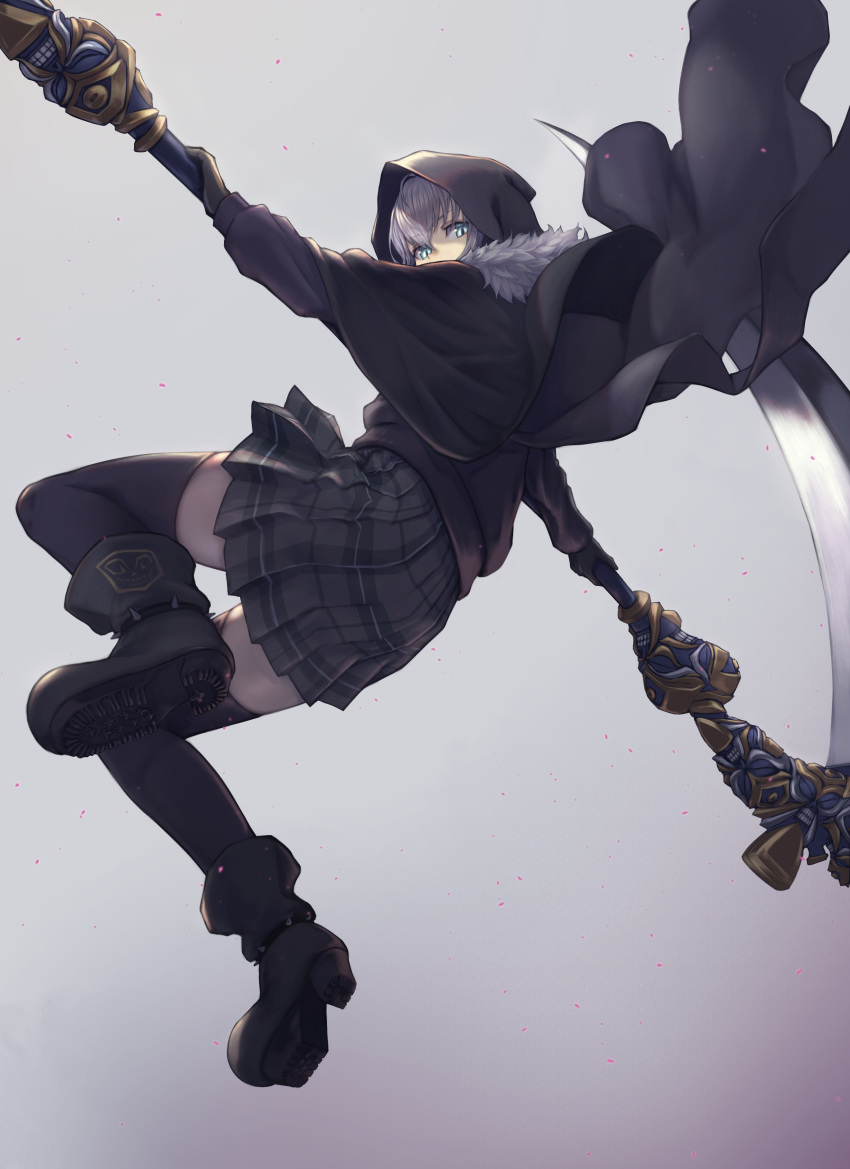 1girl absurdres black_cloak black_footwear black_gloves black_legwear blue_eyes boots cloak fate/grand_order fate_(series) fur-trimmed_cloak fur_trim gloves gray_(lord_el-melloi_ii) highres holding holding_scythe holding_weapon hood hood_up plaid plaid_skirt scythe short_hair skirt slit_pupils solo spikes thigh-highs weapon white_hair yasu_(segawahiroyasu)