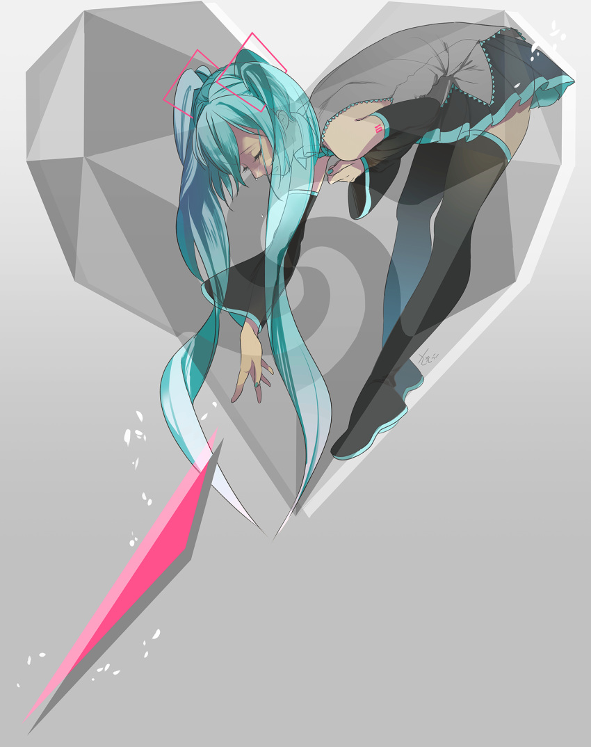 1girl bare_shoulders bent_over black_legwear black_skirt blue_hair blue_nails closed_eyes collared_shirt commentary_request crying detached_sleeves eyelashes fingernails full_body grey_background grey_shirt grey_theme hair_between_eyes hands_on_own_chest hatsune_miku heart highres legs_together long_hair number number_tattoo open_mouth outstretched_hand pleated_skirt reaching sakikko see-through shirt shoulder_tattoo sidelocks signature simple_background skirt sleeveless sleeveless_shirt solo streaming_tears tattoo tears thigh-highs twintails unknown_mother_goose_(vocaloid) very_long_hair vocaloid zettai_ryouiki