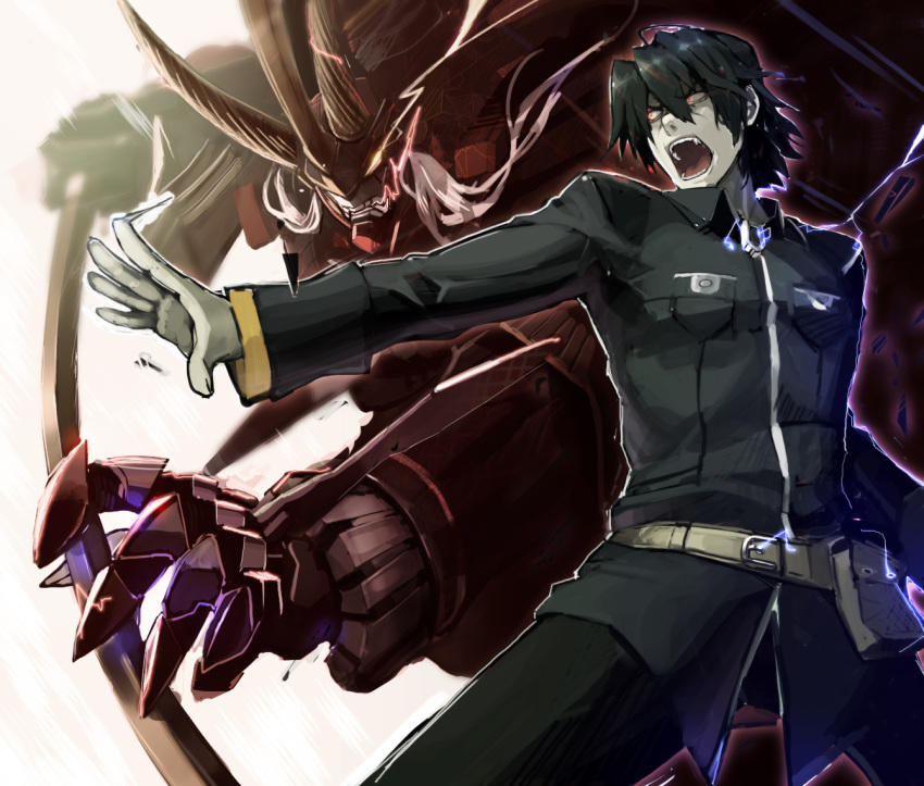 1boy belt black_hair electricity gloves glowing glowing_eye hair_between_eyes holding holding_sword holding_weapon katana male_focus mecha minato_kageaki ookuma_(nitroplus) open_mouth pouch red_eyes soukou_akki_muramasa sword teeth tongue uniform weapon white_gloves white_hair yellow_eyes