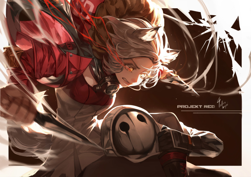 1girl 1other animal_ears arknights artist_name attack commentary_request dual_wielding grey_hair grey_shirt highres holding holding_knife holding_weapon jacket knife mask projekt_red_(arknights) red_jacket reunion_soldier_(arknights) shirt tollrin-senpai weapon wolf_ears yellow_eyes