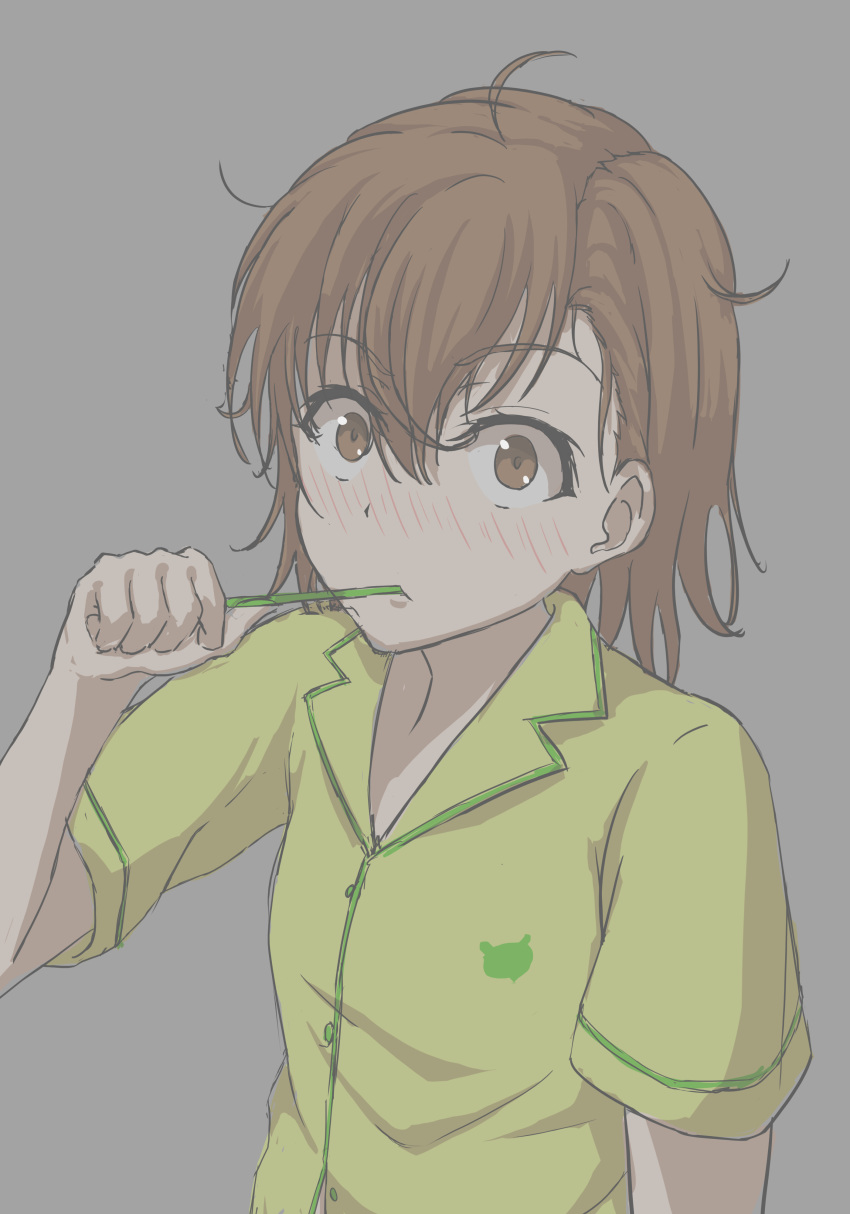 1girl absurdres ahoge bangs blush bob_cut brown_eyes brown_hair brushing_teeth closed_mouth commentary embarrassed gekota grey_background hair_between_eyes hair_strand halya_meri highres holding_toothbrush looking_at_viewer messy_hair misaka_mikoto nose_blush pajamas partially_unbuttoned raised_eyebrows sanpaku short_hair short_sleeves simple_background solo surprised to_aru_kagaku_no_railgun to_aru_majutsu_no_index toothbrush toothbrush_in_mouth upper_body yellow_pajamas