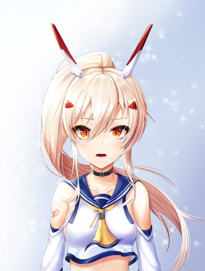 1girl absurdres ayanami_(azur_lane) azur_lane bandaid_on_arm bare_shoulders black_choker blonde_hair blush choker commentary_request crop_top detached_sleeves hair_between_eyes headgear highres long_hair looking_at_viewer neckerchief open_mouth ponytail red_eyes ryon_y0421 school_uniform serafuku solo upper_body yellow_neckwear
