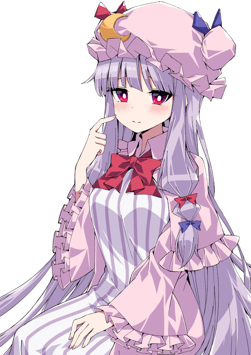 1girl arm_up bangs blush bow bowtie breasts bright_pupils commentary_request crescent crescent_hair_ornament double_bun dress finger_to_cheek hair_ornament hand_on_own_thigh hat hat_ribbon highres light_smile long_hair looking_at_viewer medium_breasts mob_cap open_clothes open_robe partial_commentary patchouli_knowledge pink_headwear pink_robe purple_hair red_eyes red_neckwear ribbon robe sidelocks simple_background sitting solo striped striped_dress touhou tsukimirin very_long_hair white_background white_pupils