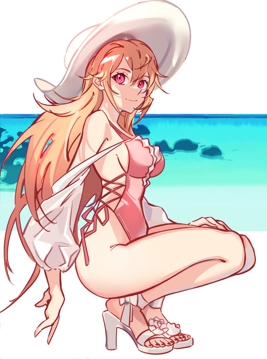 1girl azur_lane bare_legs bare_shoulders blonde_hair breasts eyebrows_visible_through_hair ghooost hand_on_lap hat high_heels highres legs long_hair looking_at_viewer medium_breasts ocean ocean_bottom one-piece_swimsuit pink_swimsuit richelieu_(azur_lane) richelieu_(flagship_in_the_sea_breeze)_(azur_lane) shoes simple_background sitting smile solo sun_hat swimsuit thigh-highs thighs v violet_eyes water white_footwear white_headwear