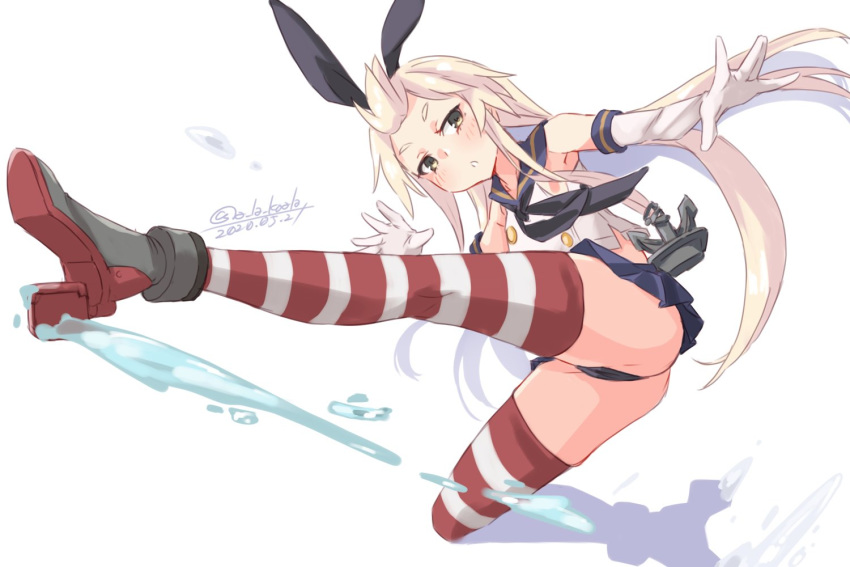 1girl alakoala black_hairband black_neckwear black_panties blonde_hair blue_sailor_collar blue_skirt commentary_request crop_top dated elbow_gloves full_body gloves grey_eyes hairband kantai_collection kicking long_hair microskirt miniskirt neckerchief panties pleated_skirt sailor_collar shimakaze_(kantai_collection) simple_background skirt solo striped striped_legwear thigh-highs twitter_username underwear white_background white_gloves