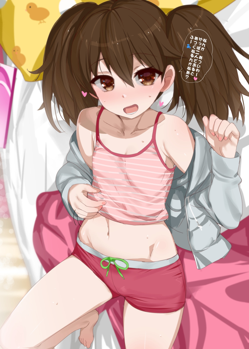 1girl barefoot blurry blush brown_eyes brown_hair collarbone commentary_request depth_of_field eyebrows_visible_through_hair flat_chest grey_jacket groin hair_between_eyes heart highres jacket kantai_collection kusaka_souji long_hair long_sleeves looking_at_viewer motion_lines navel open_clothes open_jacket open_mouth ryuujou_(kantai_collection) solo speech_bubble sweat translation_request twintails